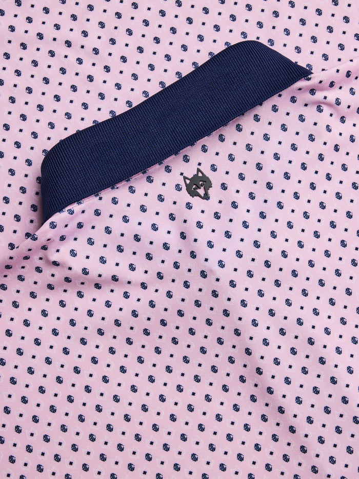 Sunrise Ghost Dreamer Polo - Wolf Logo Pin Detail at Back Collar, Navy Grosgrain Collar Underside | Greyson Clothiers
