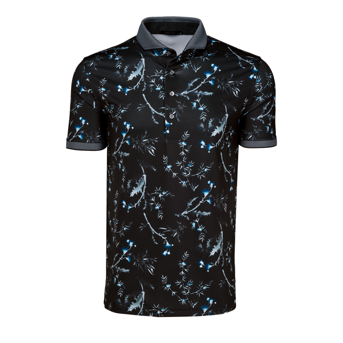 Greyson Ghost Frost Short Sleeve Polo - Shepherd Botanical Print, Jacquard Collar - Front View | Greyson Clothiers