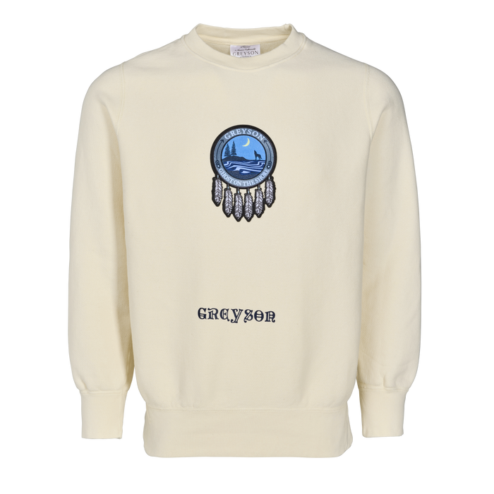 Bone Cotton Ghost on the Shore Crewneck Sweatshirt - Front View, Embroidered Wolf Patch | Greyson Clothiers