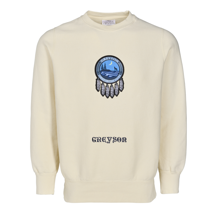 Bone Cotton Ghost on the Shore Limited Edition Crewneck - Front Flat, Feather Motif Patch Detail | Greyson Clothiers