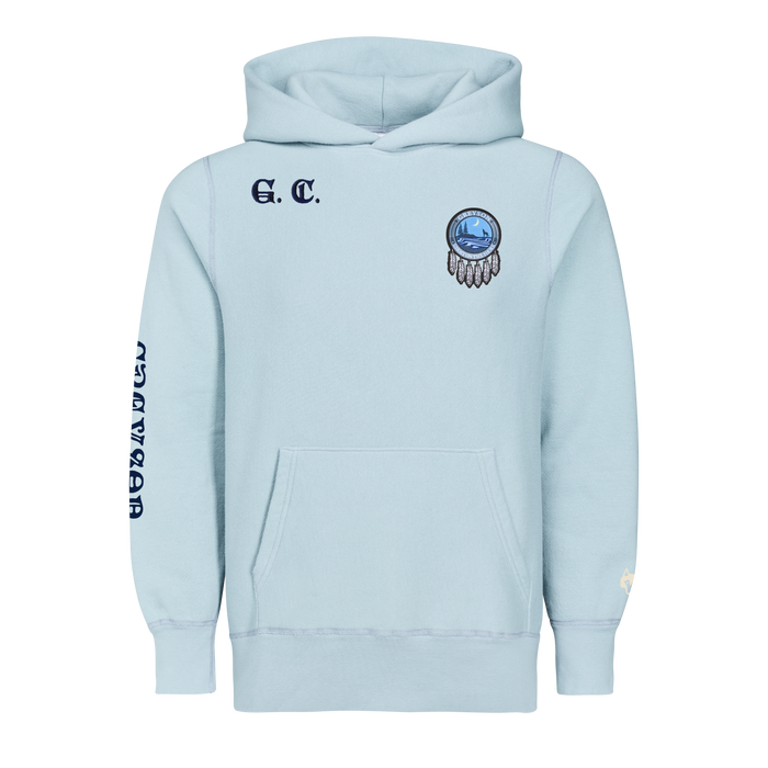 Light Blue Cotton Ghost On The Shore Hoodie - Front View, G.C. Embroidery & Capsule Badge | Greyson Clothiers