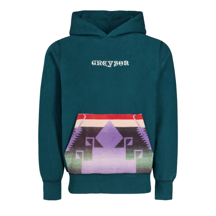 Bavarian Forest Cotton Ghost on the Shore Hoodie - Front View, Woven Blanket Pocket Detail | Greyson Clothiers