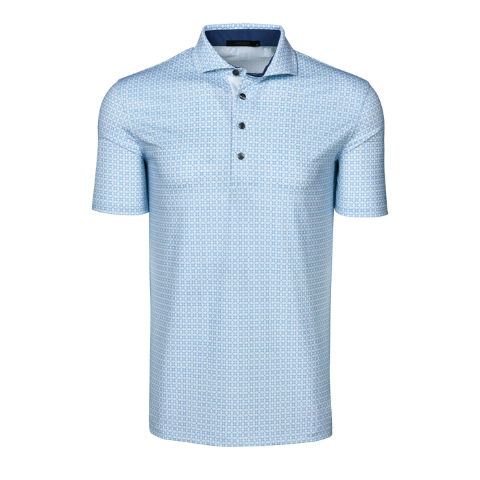 Maltese Blue Ghost Thistle Short Sleeve Golf Polo - Front View, Spread Collar | Greyson Clothiers