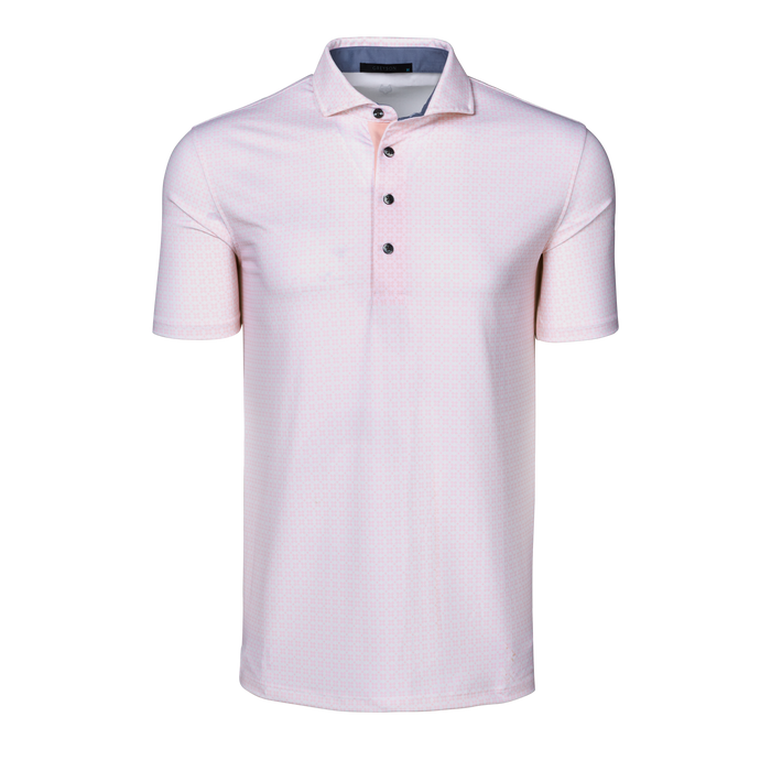 Pink Sky Ghost Thistle Short Sleeve Performance Polo - Front View, Four-Button Placket | Greyson Clothiers