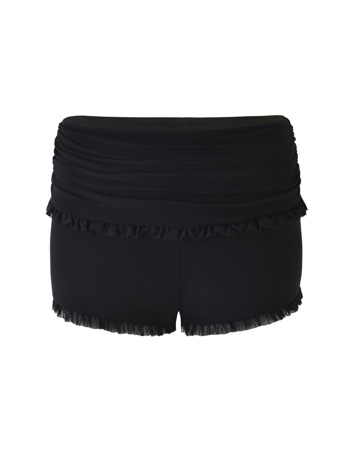 The GINNY SHORT - BLACK by TIGERMIST features a bodycon fit with ruched waistband and ruffle details at the waist and leg openings, shown on a plain white background.