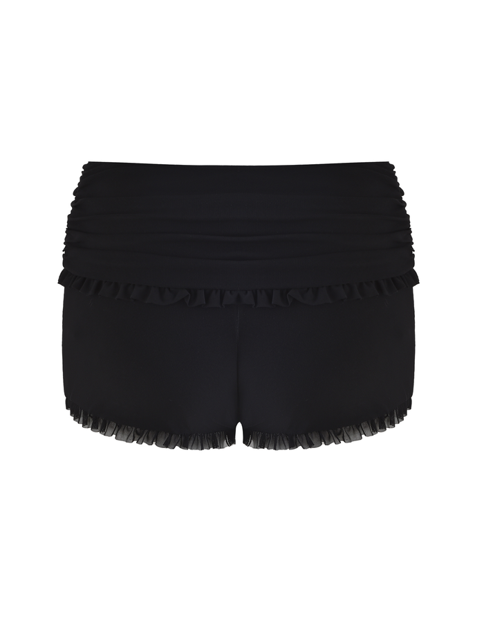 The TIGERMIST GINNY SHORT - BLACK features a bodycon fit with gathered waistband and playful ruffle trim on top and bottom, shown against a white background.