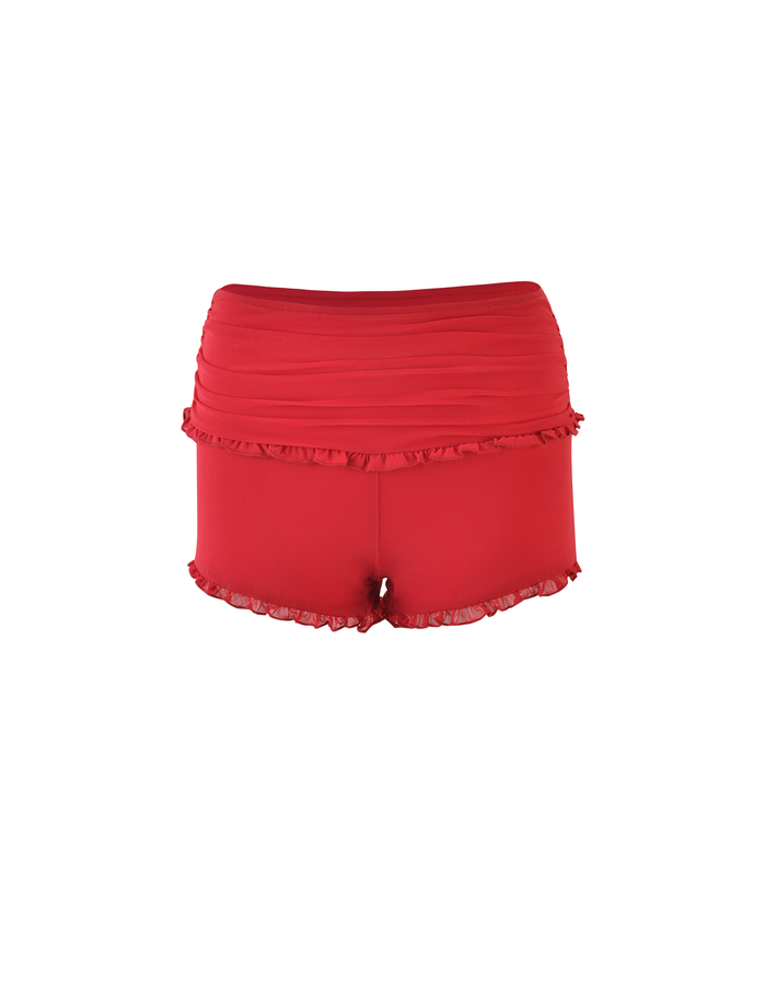 The TIGERMIST GINNY SHORT in Cherry Red features a high-waisted design with ruffle details, ruched waistband, and ruffled trim at the waist and leg openings, shown on a white background.