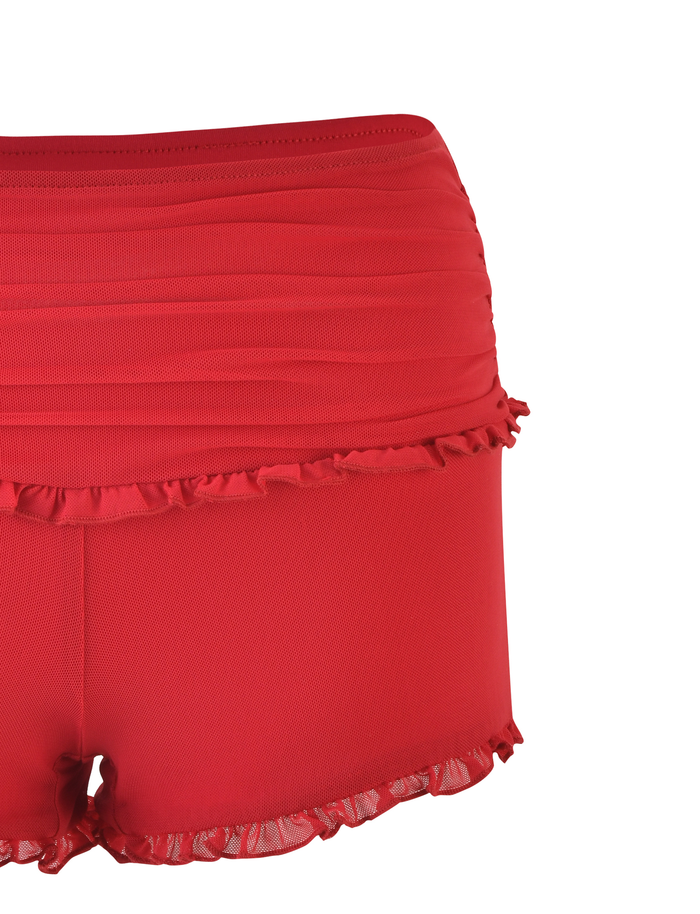 The TIGERMIST GINNY SHORT in Cherry Red features a high-waisted design with horizontal pleats and ruffled details on the waistband and leg openings, displayed against a white background.