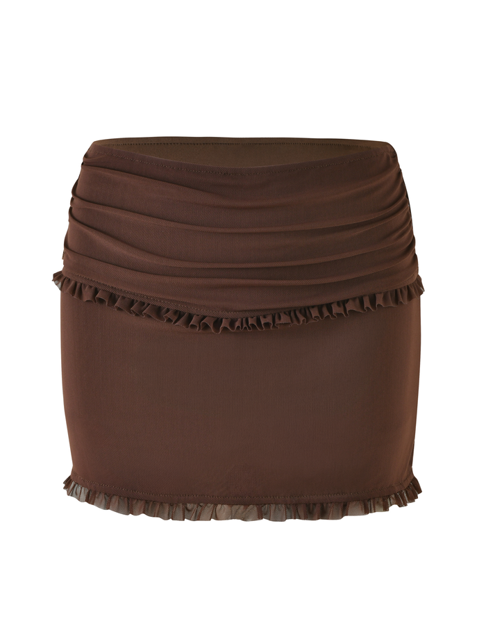 The TIGERMIST GINNY SKORT - BROWN : CHOCOLATE features ruched and ruffle detailing along the top and bottom edges, a flattering bodycon fit, and is displayed against a white background.