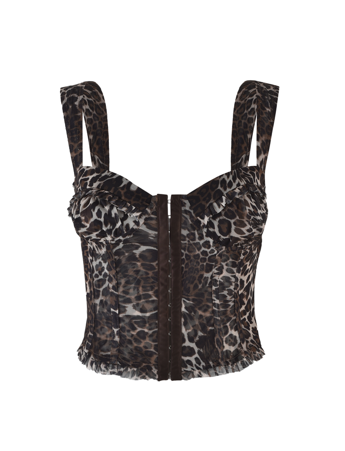The TIGERMIST GINNY TOP - NEUTRAL : LEOPARD is a sleeveless bustier with thick straps, front hook closure, and ruffle details on the sweetheart neckline and hem, shown against a white background.