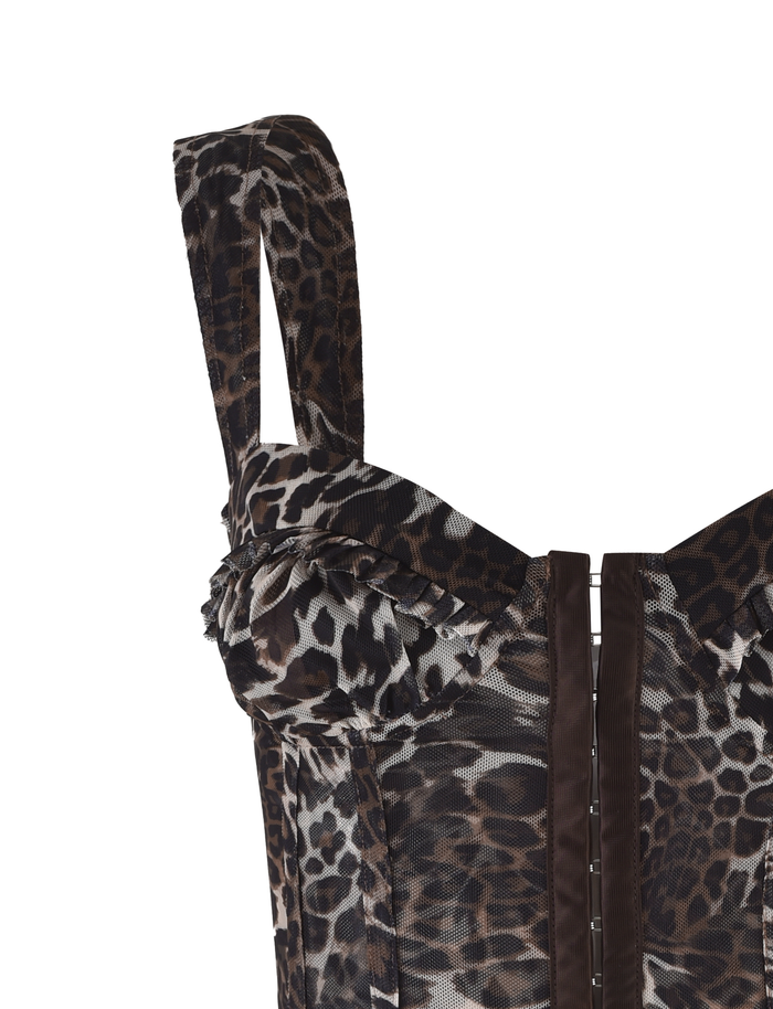 The TIGERMIST GINNY TOP - NEUTRAL : LEOPARD is a sleeveless corset with a sweetheart neckline, structured boning, wide straps, front hook-and-eye closures, and an animal print in brown and black shades.