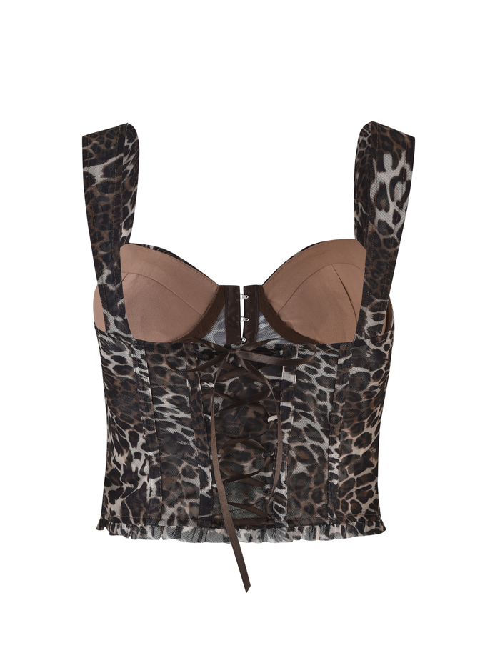 The GINNY TOP - NEUTRAL : LEOPARD by TIGERMIST is a leopard print corset top with a sweetheart neckline, thick straps, brown lining, and lace-up back detail, displayed on a white background.