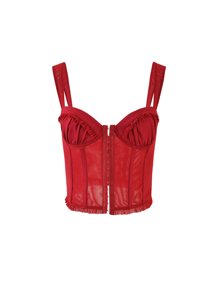 The GINNY TOP - RED by TIGERMIST is a cherry red corset-style, bodycon top with wide straps, ruffled bust and hem, structured bodice, and front closure, shown against a plain white background.