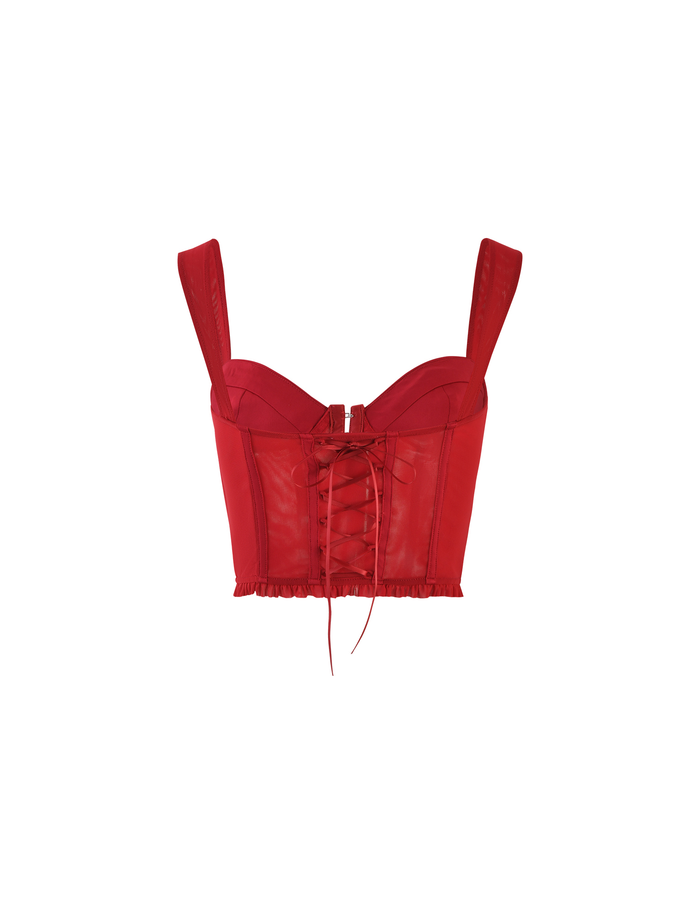 The TIGERMIST GINNY TOP - RED features a cherry red hue, sweetheart neckline, wide straps, front lace-up, ruffled hem, and bodycon fit in a cropped corset style, shown on a white background.