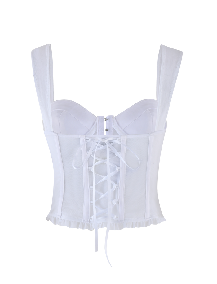 The TIGERMIST GINNY TOP in optic white features wide straps, structured cups, a lace-up back, subtle sweetheart neckline, smooth slightly shiny fabric, and a softly frayed hem.