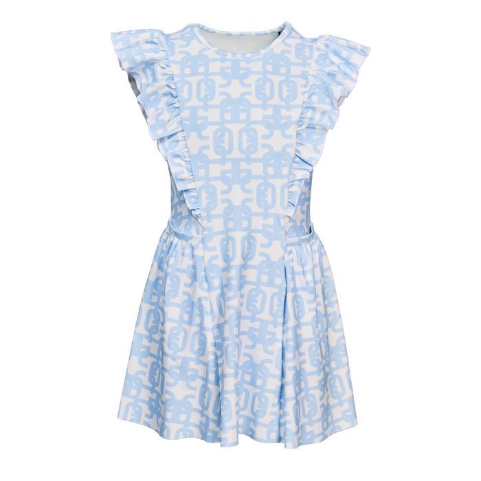 Wolf Blue Alpha Glyph Print Girls' Venus Dress with Ruffle Sleeves - Front View | Greyson Clothiers