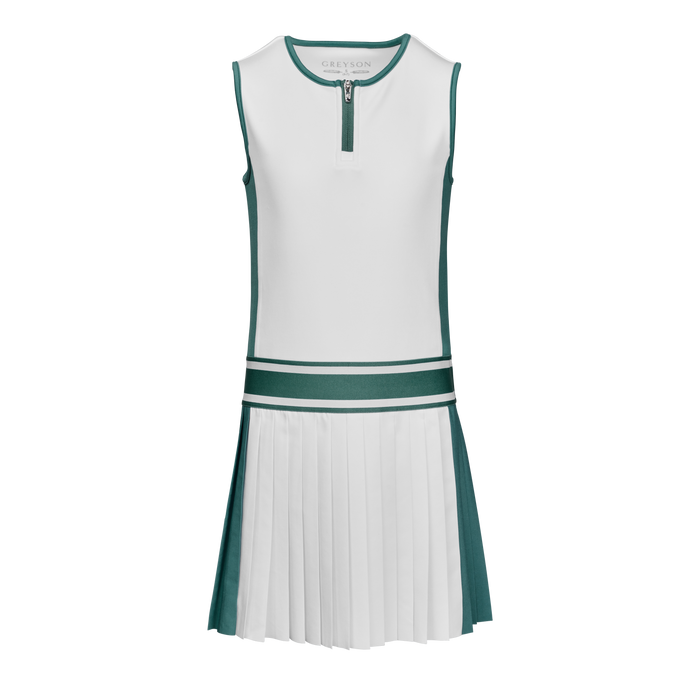 Greyson Clothiers Girl's Leo Color Block Dress in Marsh - Front View, Pleated Skirt