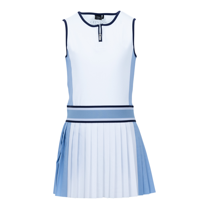 Greyson Clothiers Girl's Color Block Leo Dress Arctic/Wolf Blue - Front View, Pleated Skirt