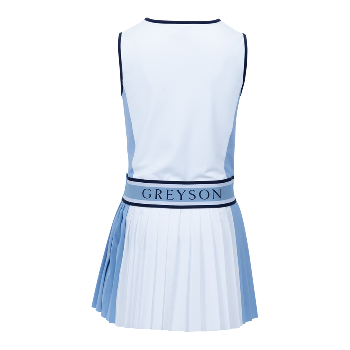 Greyson Clothiers Girl's Color Block Leo Dress Arctic/Wolf Blue - Back View, Logo Waistband