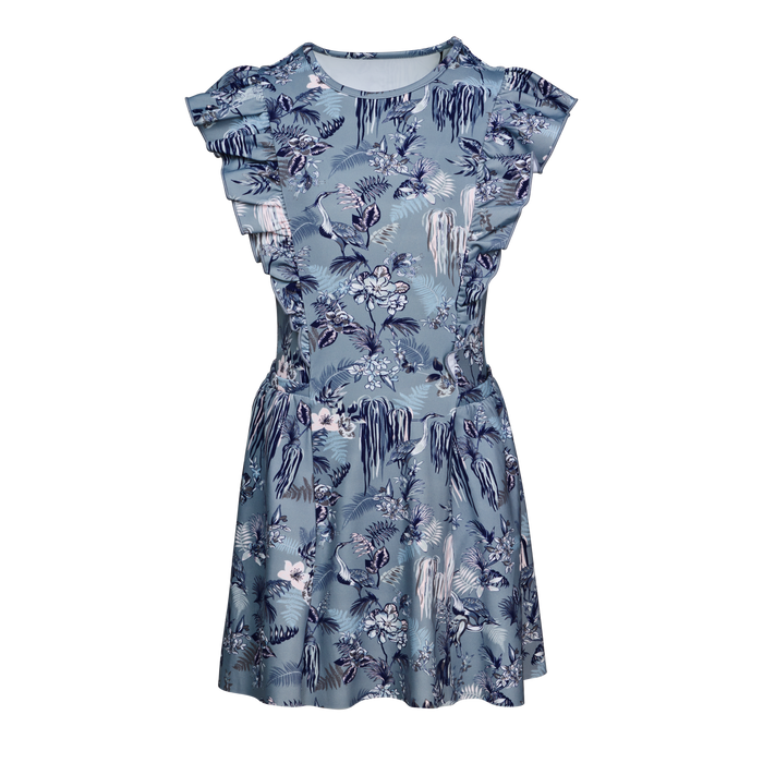 Bluestone Floral Print Girl's Venus Dress with Ruffle Sleeves - Front View | Greyson Clothiers