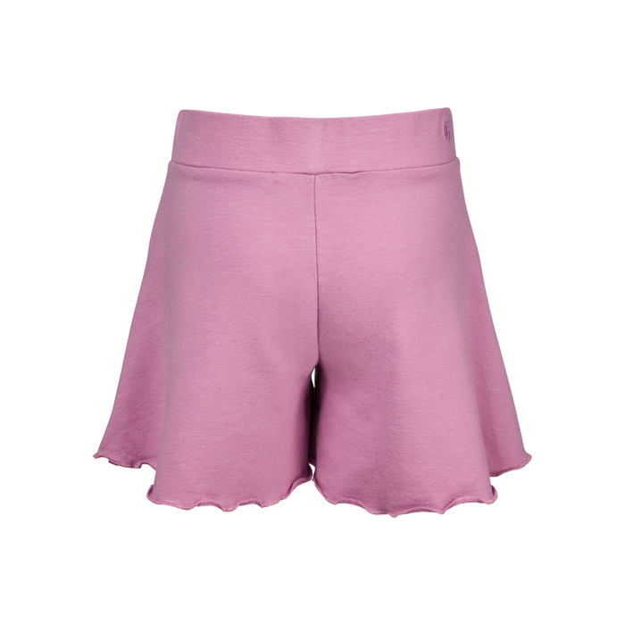 Peony Girl's Riley Swing Short, Back View with Wolf Logo & Flared Lettuce-Edge Hem | Greyson Clothiers