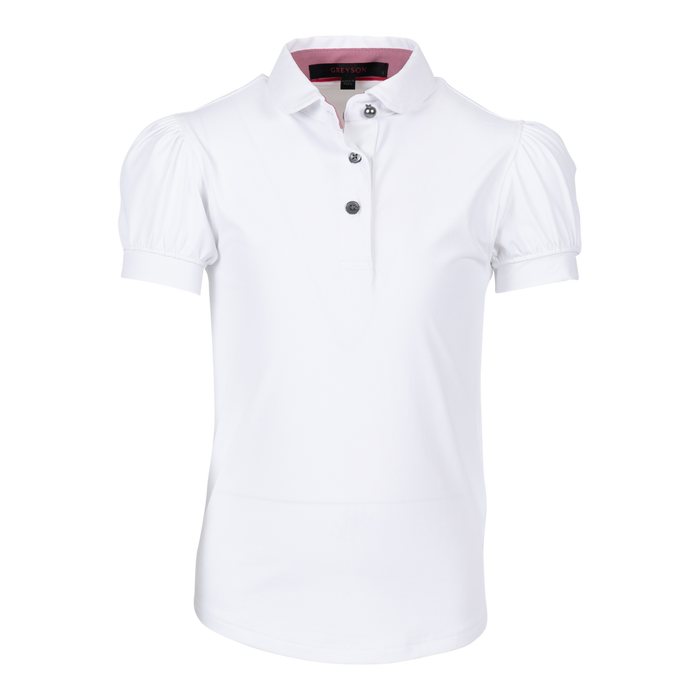Greyson Clothiers Girl's Scarlett Puff Sleeve Polo in Arctic - Front View, puff sleeve detail