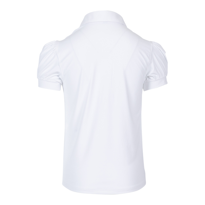 Greyson Clothiers Girl's Scarlett Puff Sleeve Polo in Arctic - Back View, gathered puff sleeves