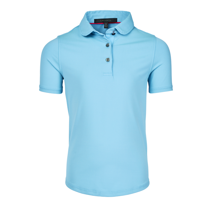 Wolf Blue Girl's Scarlett Short Sleeve Polo - Front View, Pearl Shank Button Placket | Greyson Clothiers
