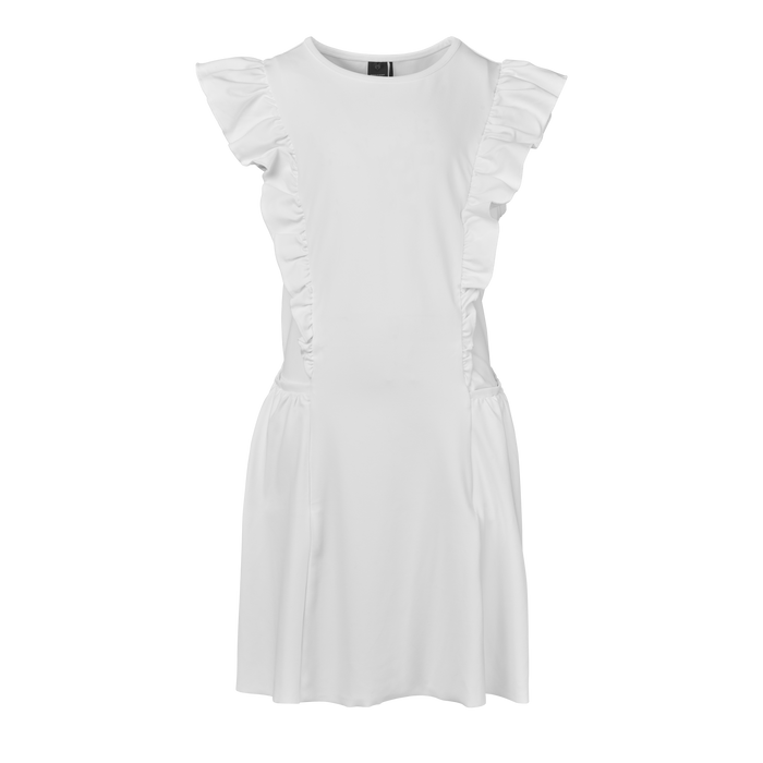 Arctic White Girl's Venus Dress - Ruffled Front View, Performance Girls Golf Dress | Greyson Clothiers