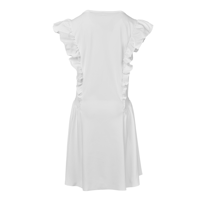 Arctic White Girl's Venus Dress - Back View, Ruffled Side Seam Detail | Greyson Clothiers