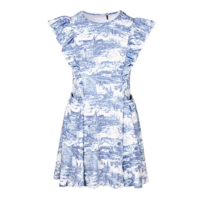 Vintage Indigo Girl's Venus Huntress Toile Dress - Front View, Ruffle Sleeves | Greyson Clothiers