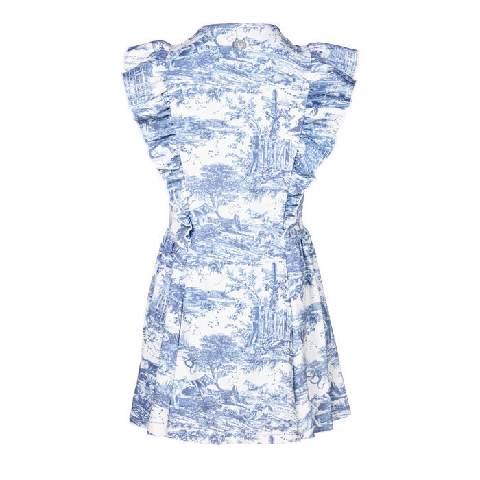 Vintage Indigo Girl's Venus Huntress Toile Dress - Back View, Wolf Logo Detail | Greyson Clothiers