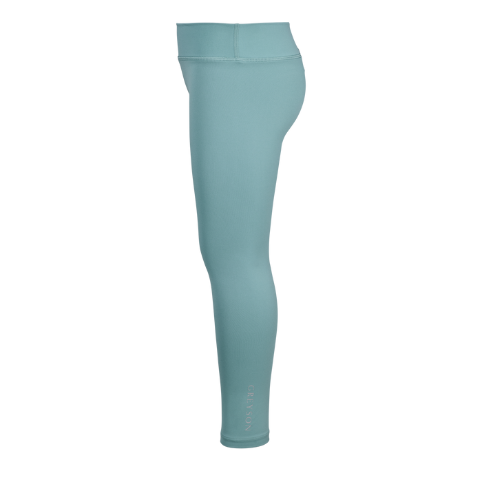 Agave Teal Girl's Venus Legging Side Profile with Greyson Logo Detail | Greyson Clothiers