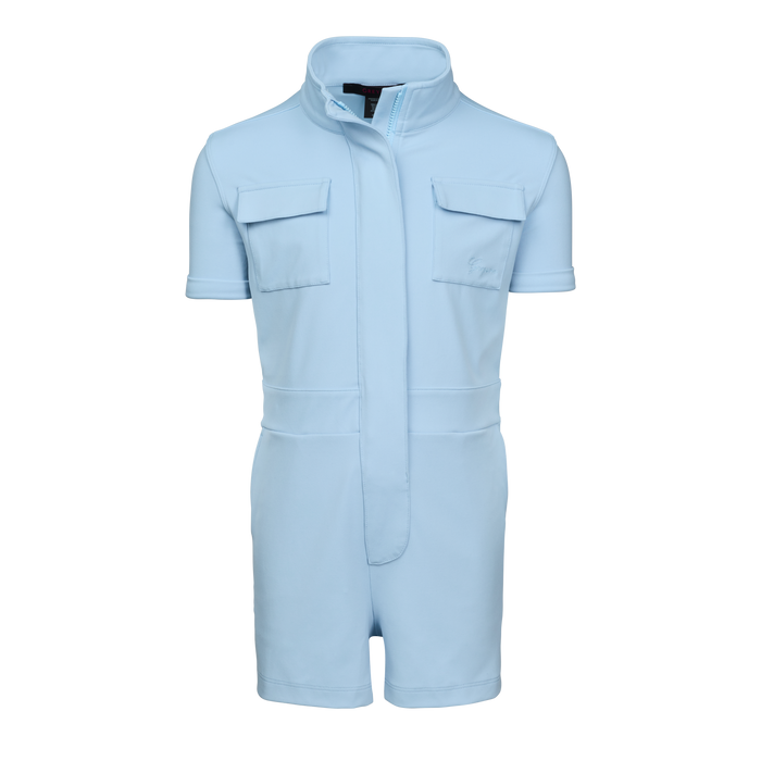 Wolf Blue Stretch Girl's Venus Romper - Front View | Greyson Clothiers