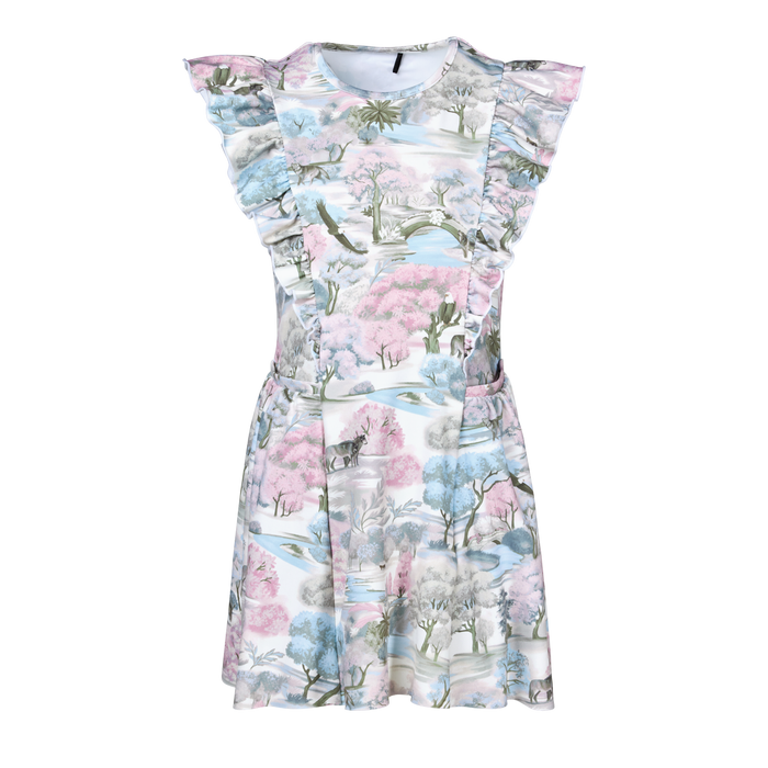 Girls' Venus Where Wolves Roam Dress Wisteria Multi Toile Print - Ruffle Sleeve Front View | Greyson Clothiers