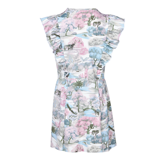 Girls' Venus Where Wolves Roam Dress Wisteria Multi Toile Print - Ruffle Sleeve Back View | Greyson Clothiers