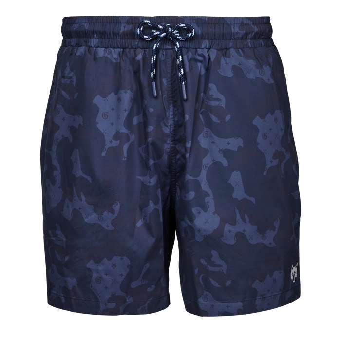 Greyson G.O.A.T. Camo Torch Swim Short in Maltese Blue - Front View with Wolf Logo | Greyson Clothiers