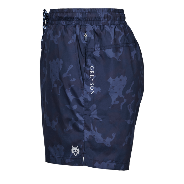 Maltese Blue G.O.A.T. Camo Torch Swim Short - Side View with Vertical Greyson Wordmark and Wolf Logo | Greyson Clothiers
