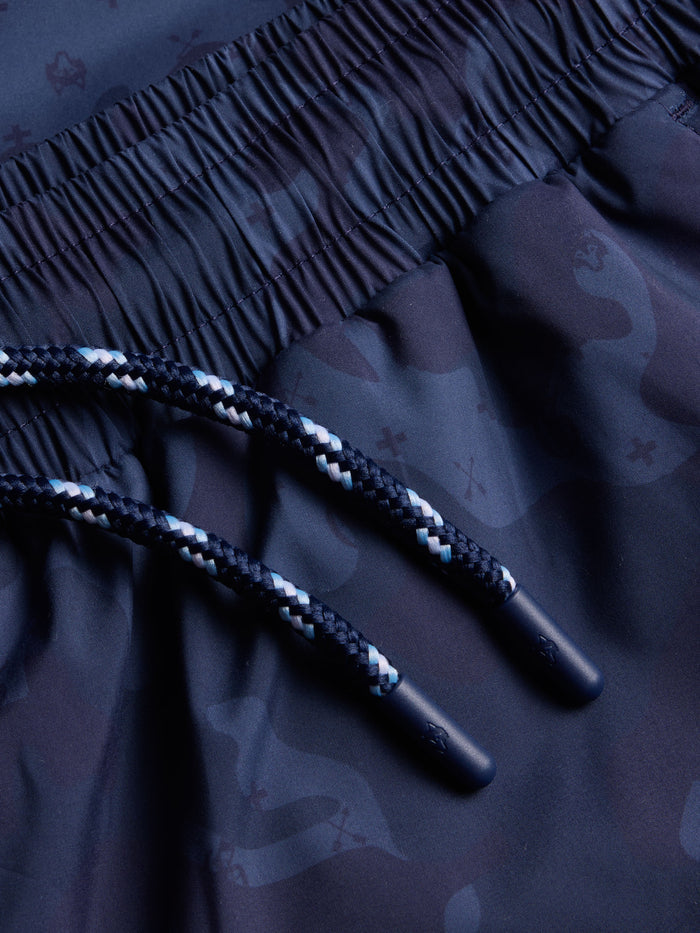 G.O.A.T. Camo Torch Swim Short - Elastic Waistband and Braided Adjustable Drawcord Close-Up | Greyson Clothiers