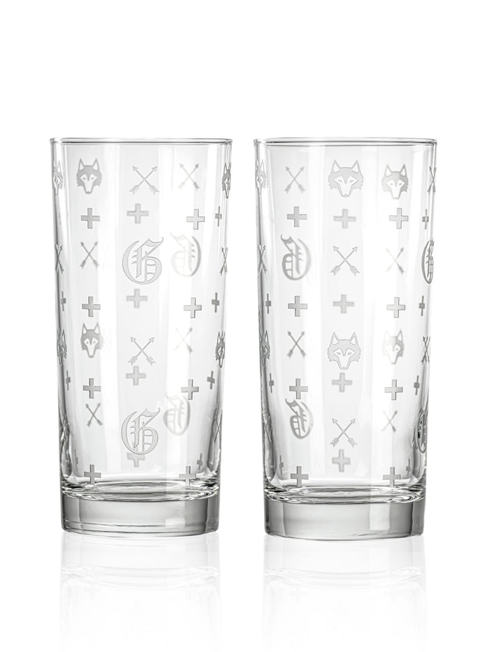Greyson Clothiers G.O.A.T. Highball Glass Set - Clear, Pair View with Wolf & G.O.A.T. Etched Print | Greyson Clothiers