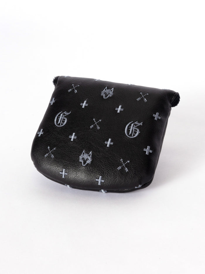 Greyson G.O.A.T. Mallet Putter Cover - Black Leather G.O.A.T. Print, Front Angle | Greyson Clothiers
