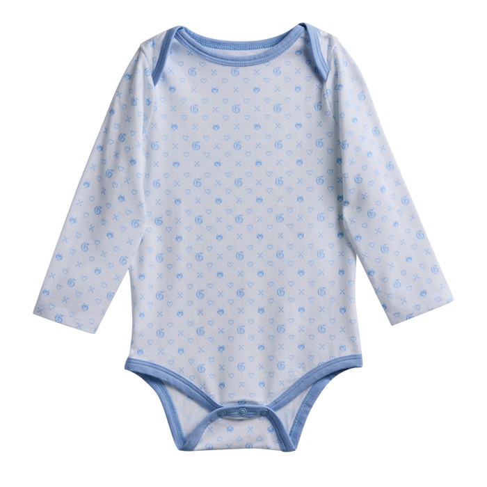 Wolf Blue G.O.A.T. Pups Baby Onesie - Front View, Pima Cotton with G.O.A.T. Print & Blue Trim | Greyson Clothiers