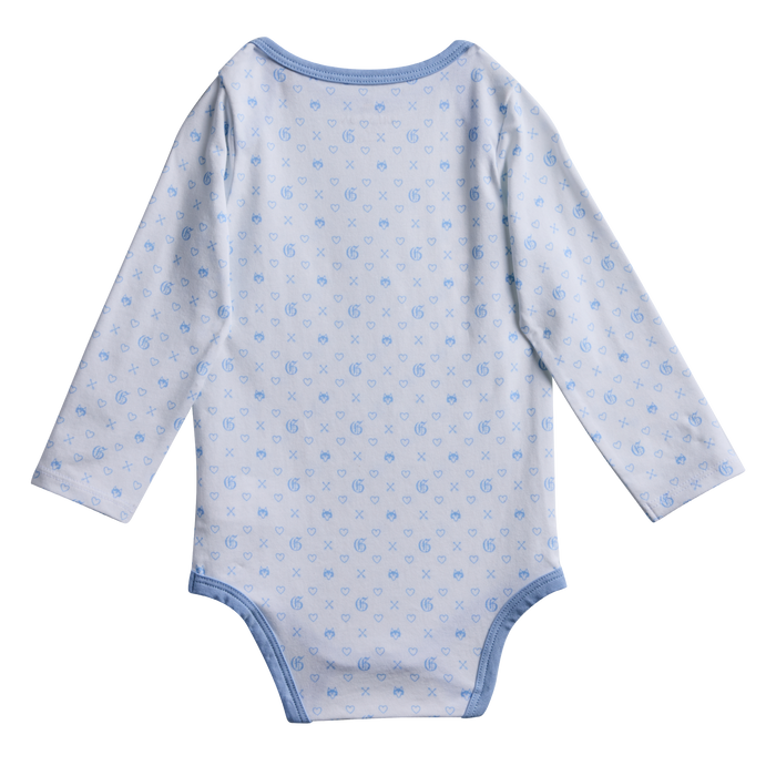 Wolf Blue G.O.A.T. Pups Baby Onesie - Back View, Long Sleeve Pima Cotton with Blue Trim | Greyson Clothiers