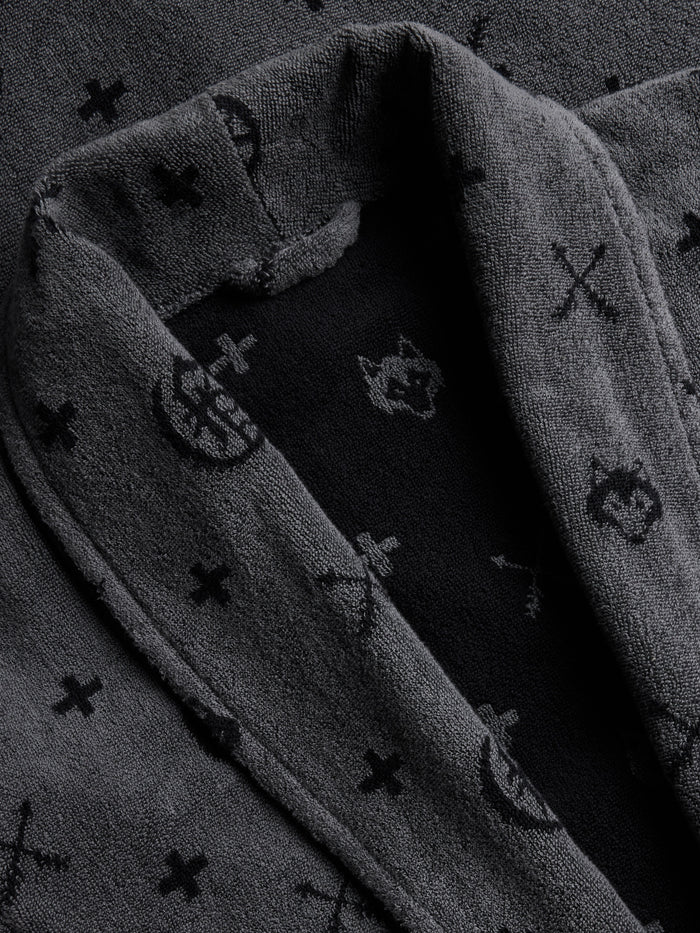 G.O.A.T. Terry Resort Robe Shepherd - Shawl Collar & Signature Print Close-Up | Greyson Clothiers