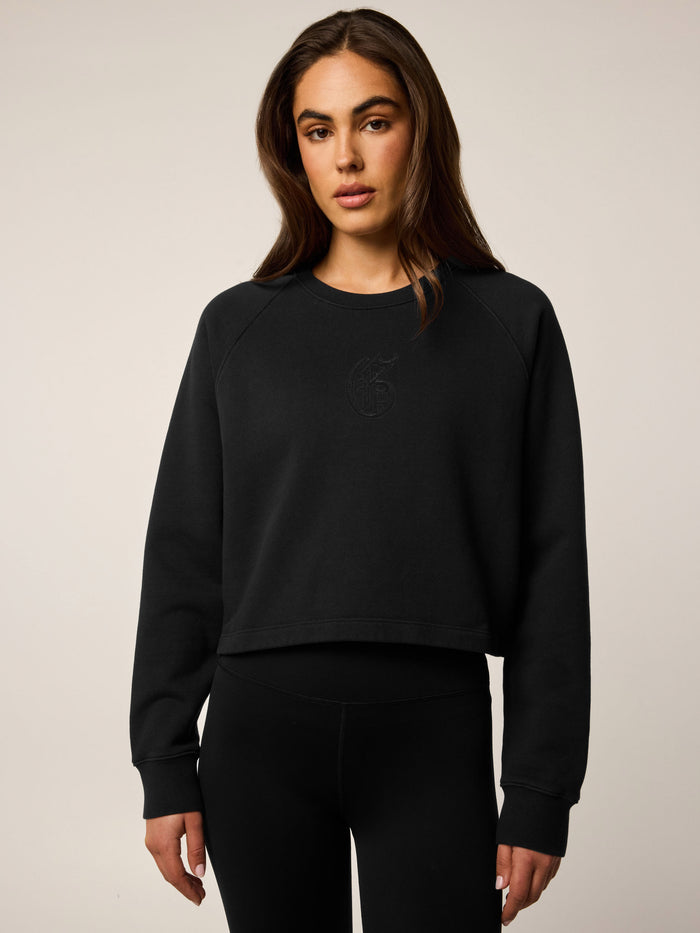 Shepherd Gothic "G" Aspen Cropped Crewneck - Front On-Model, Premium Fleece Women's Sweatshirt | Greyson Clothiers