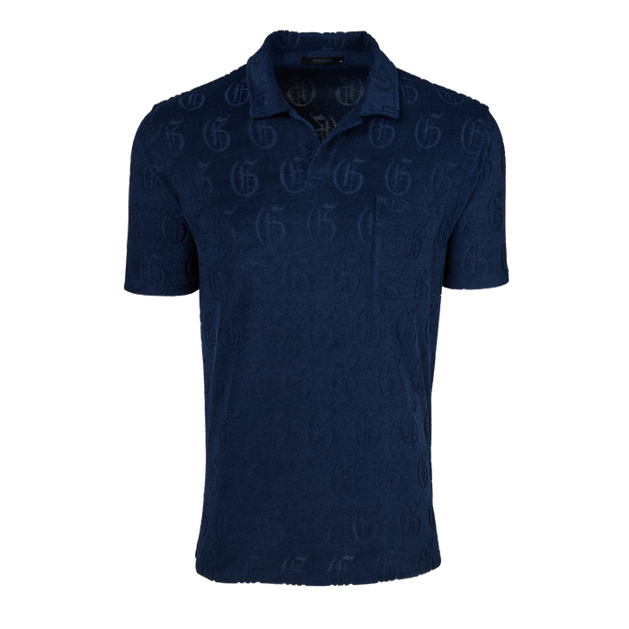 Maltese Blue Gothic G Jacquard Terry Short Sleeve Polo - Front View | Greyson Clothiers