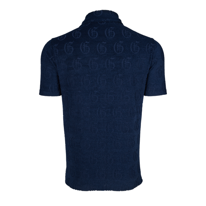 Maltese Blue Gothic G Jacquard Terry Short Sleeve Polo - Back View | Greyson Clothiers
