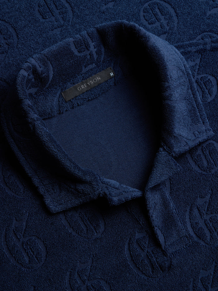 Gothic G Jacquard Terry Polo - Collar & Label Detail, Maltese Blue | Greyson Clothiers
