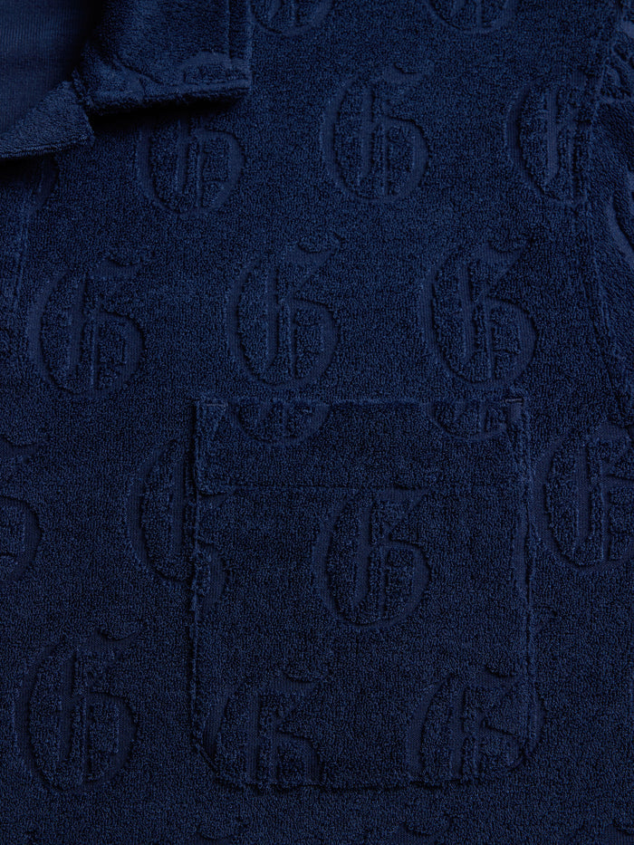 Gothic G Jacquard Terry Polo - All-Over Monogram Texture Detail, Maltese Blue | Greyson Clothiers