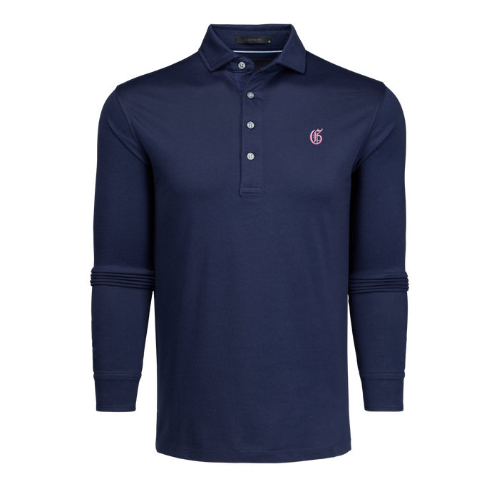 Maltese Blue Pique Gothic G Omaha Long Sleeve Golf Polo - Front View | Greyson Clothiers